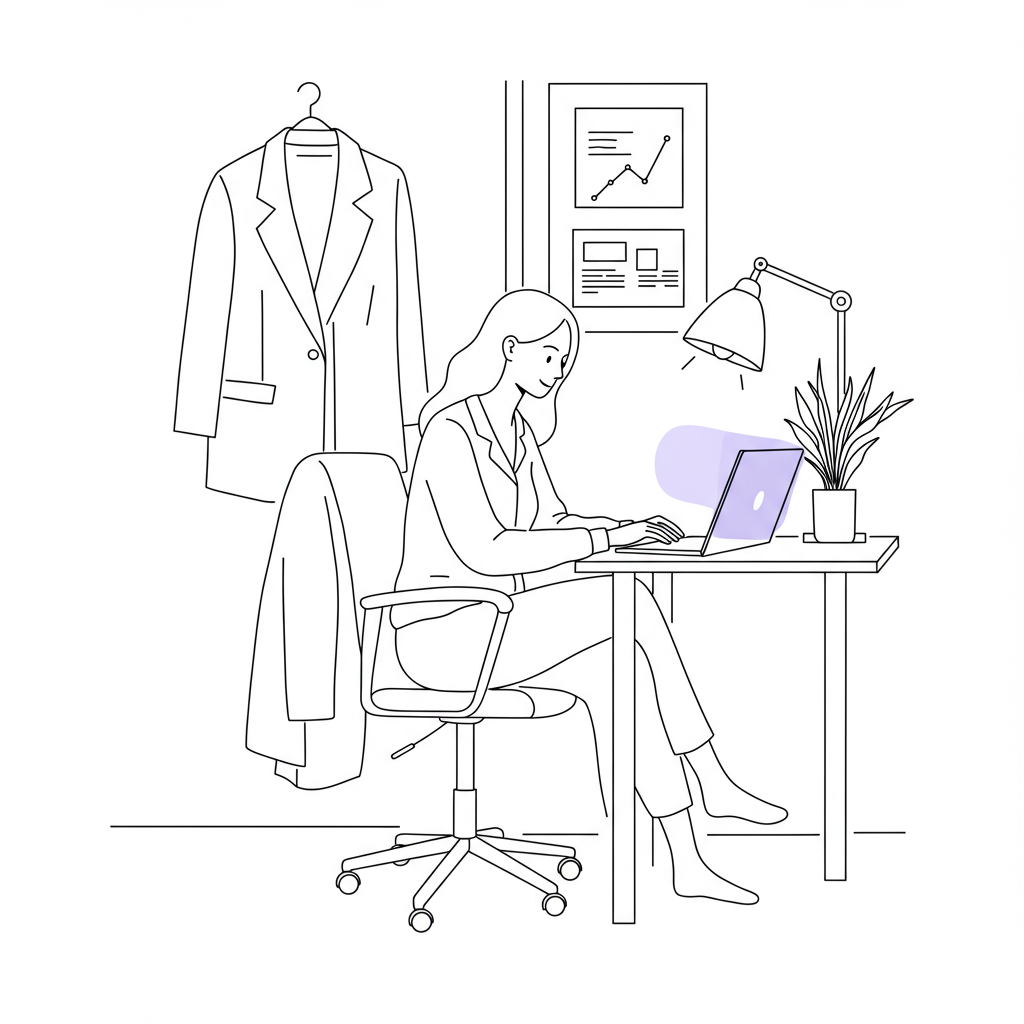Modern line art: Female entrepreneur in loungewear at home office with pastel purple laptop, blazer on chair | Femmeprenista