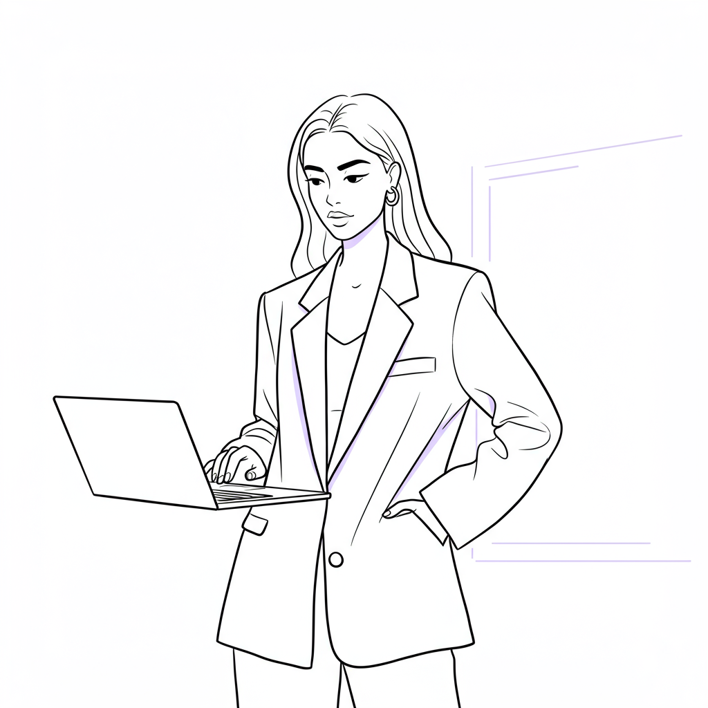 Chic black and white line art: stylish entrepreneur in a virtual meeting, "business attire illusion," pastel purple blazer detail | Femmeprenista