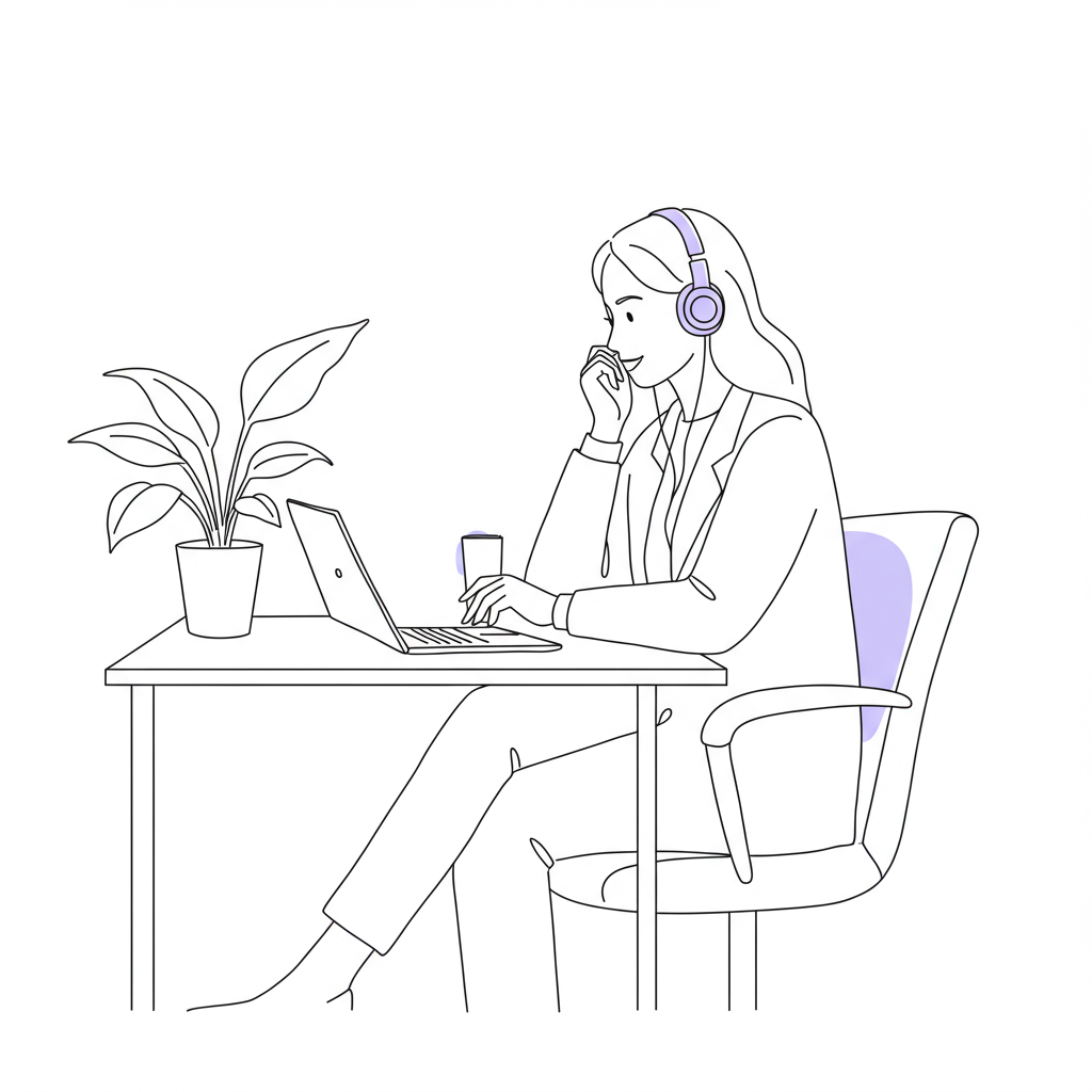 Coaching for Female Entrepreneurs: Build a Flourishing Business 2 Modern line art: female entrepreneur on a video call with plant, symbolizing growth; pastel purple headphones | Femmeprenista