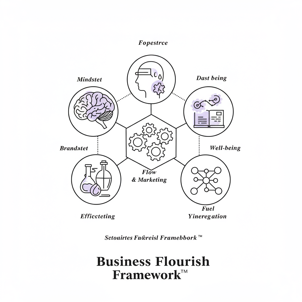 Coaching for Female Entrepreneurs: Build a Flourishing Business 3 Modern line art: Business Flourish Framework™ icons (Focus, Flair, Flow, Fuel, Fusion); purple highlights AI integration | Femmeprenista