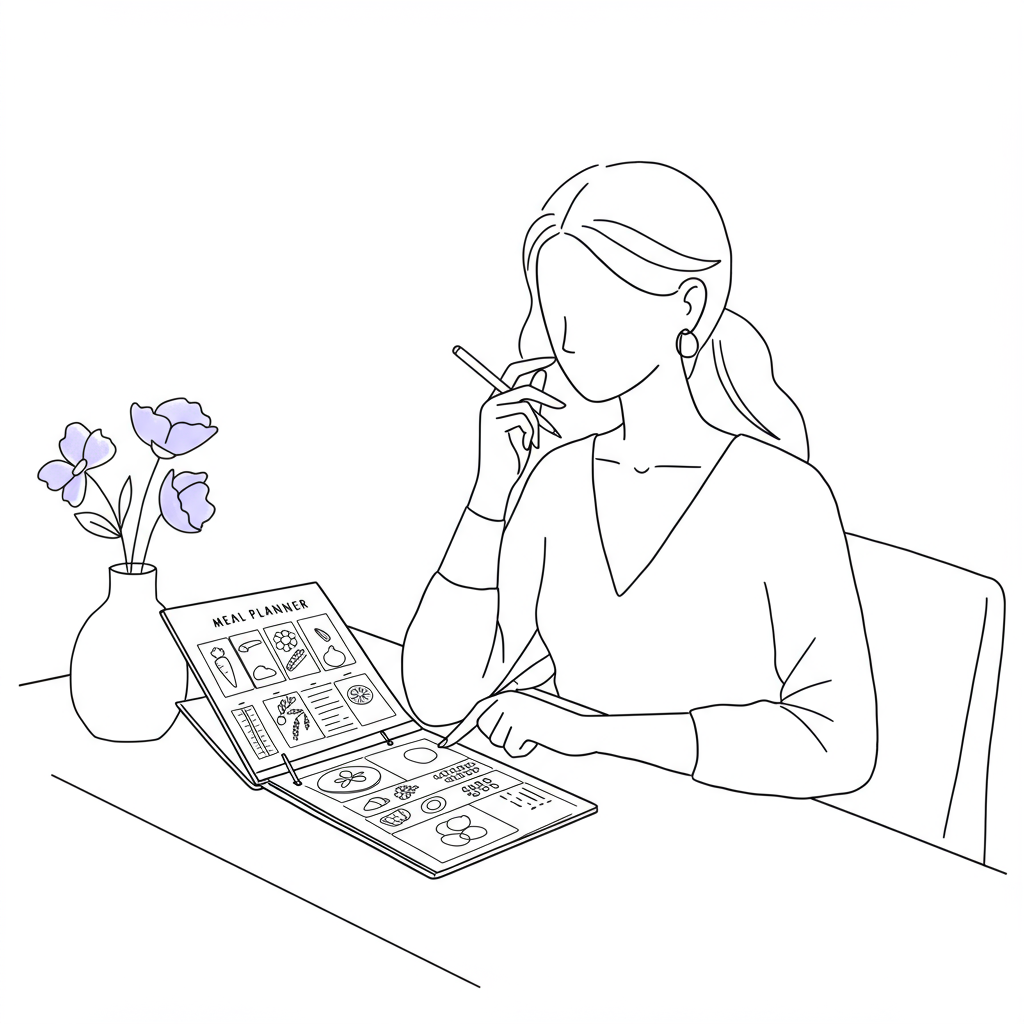 Chic line art: Female entrepreneur meal planning for focus; pastel purple flower accents black and white scene | Femmeprenista