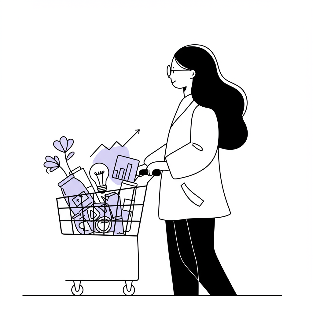 Line art: Female entrepreneur shopping for success with symbolic flower, graph, and lightbulb in her cart; pastel purple bloom | Femmeprenista