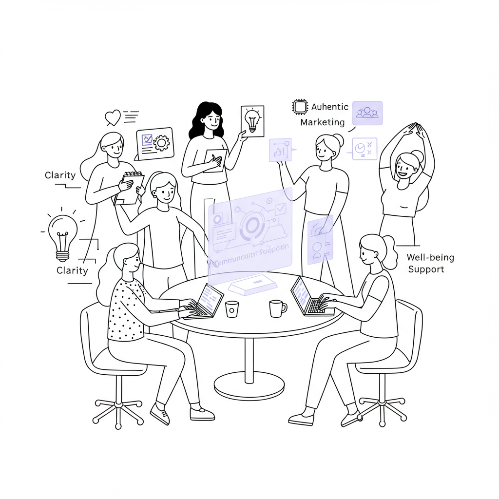 Femmeprenista Pledge for Women: Flourish in Business & Life 3 Black and white line art: diverse female entrepreneurs collaborate, holographic display with pastel purple accent unites them | Femmeprenista