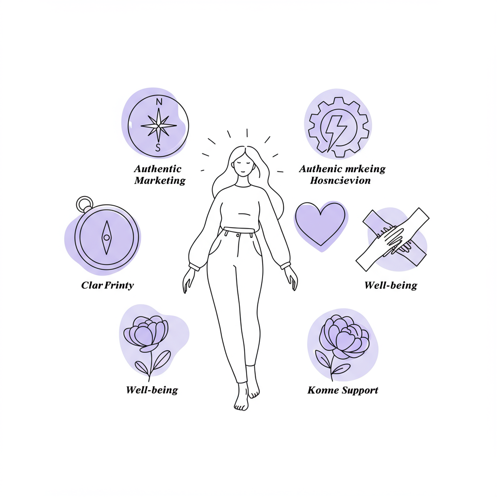 Femmeprenista Pledge for Women: Flourish in Business & Life 2 Modern line art illustration: Stylized female figure surrounded by symbols representing Femmeprenista Pledge values, pastel purple flower detail | Femmeprenista