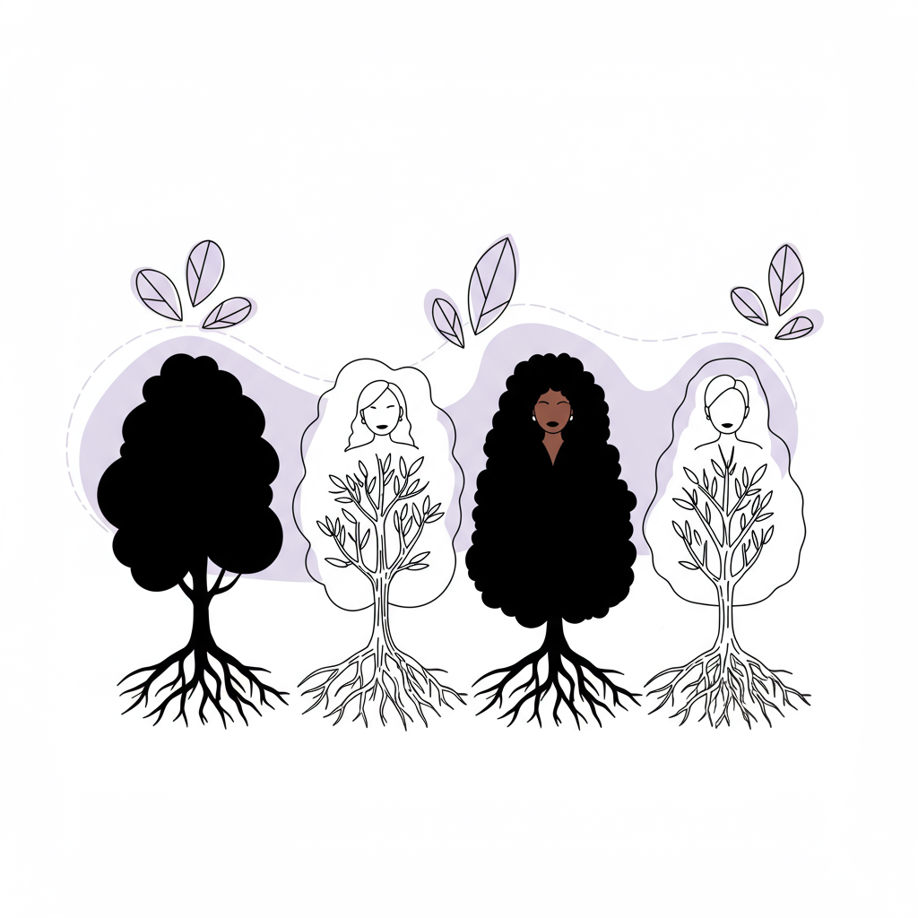 CEO Peer Groups for Women: Find Your Power Tribe Now! 3 Chic black and white line art: a minimalist forest of diverse female CEO "trees" with pastel purple leaf accents, symbolizing a supportive power tribe | Femmeprenista