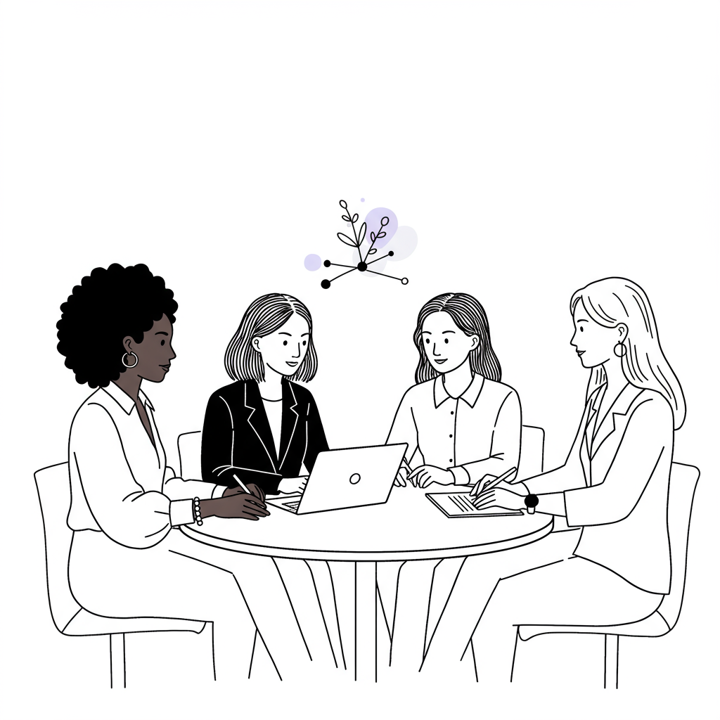 CEO Peer Groups for Women: Find Your Power Tribe Now! 2 Chic line art: Diverse female CEOs in supportive discussion, pastel purple highlights connection & empowerment | Femmeprenista