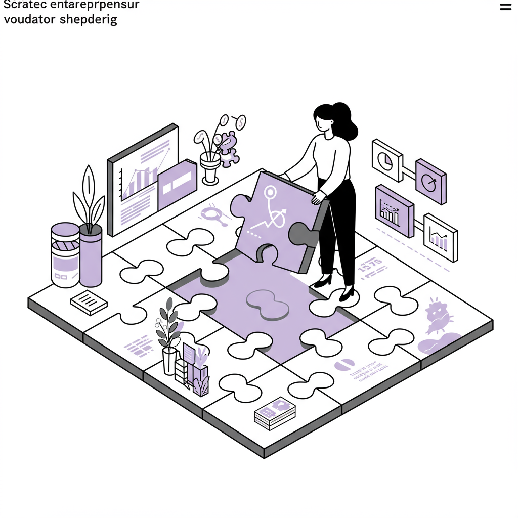 Niching Down for Entrepreneurs: Unlock Your Time & Impact 3 Chic line art: Female entrepreneur fitting pastel purple puzzle piece into business landscape, symbolizing strategic focus | Femmeprenista