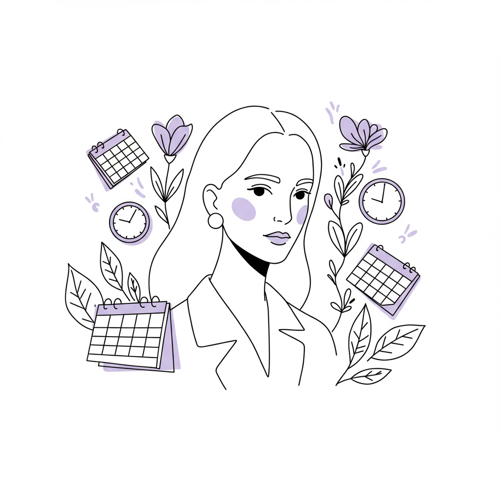 Niching Down for Entrepreneurs: Unlock Your Time & Impact 2 Modern line art: female entrepreneur with calm focus; dissolving clocks/calendars into floral elements. Pastel purple flower accent | Femmeprenista