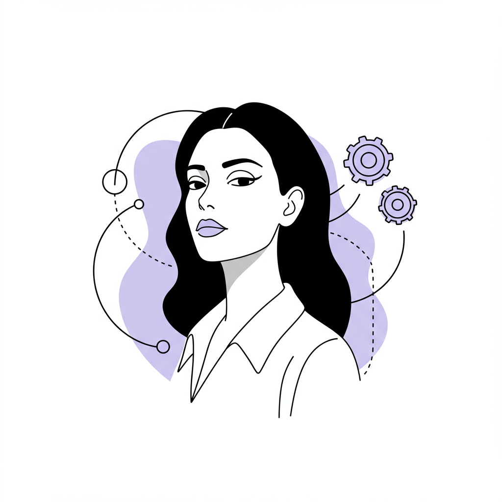 Chic line art: Empowered female entrepreneur with streamlined workflow cogs; pastel purple accent emphasizes strategic systems | Femmeprenista