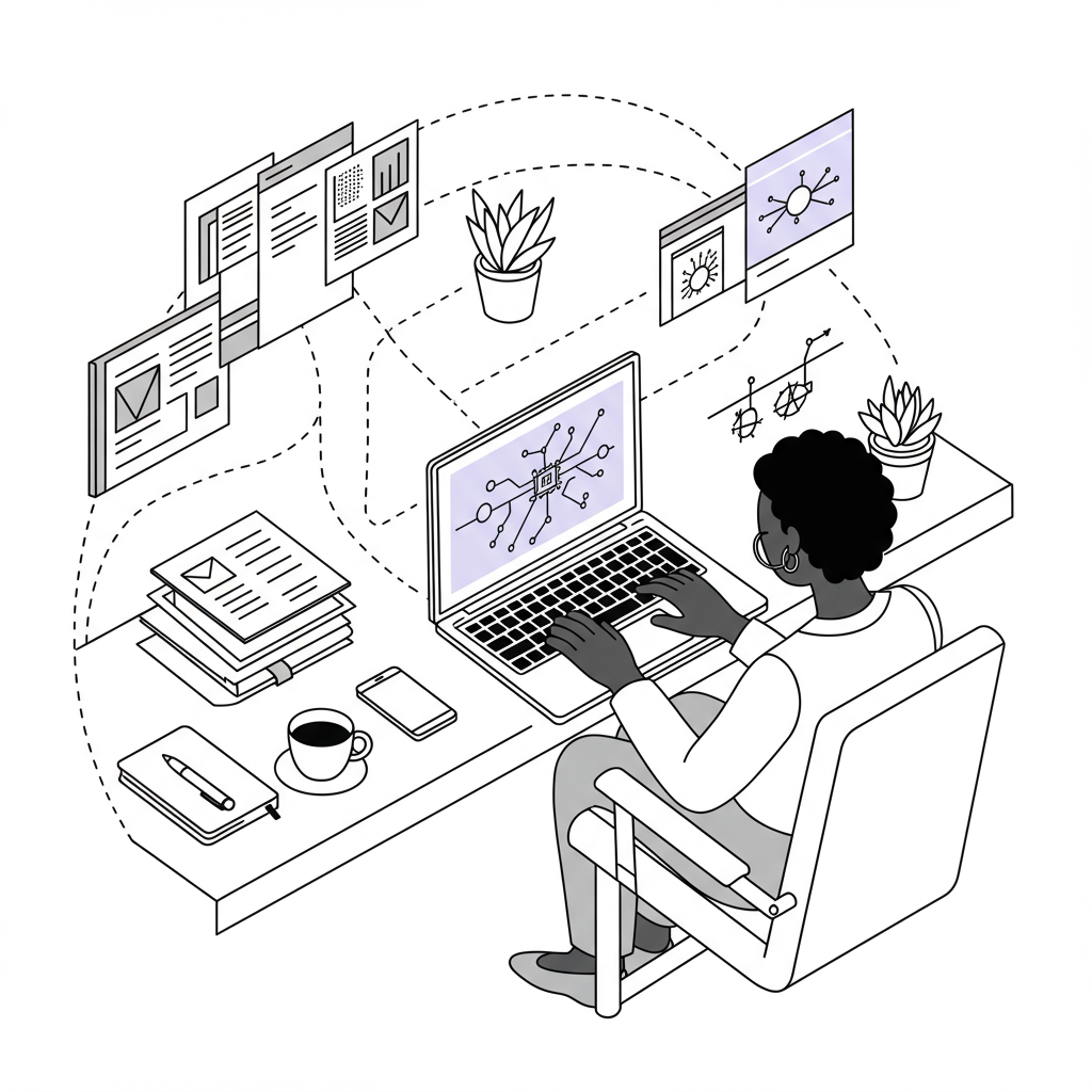 Chic line art: Black female entrepreneur's organized workspace with AI on screen, pastel purple accent | Femmeprenista
