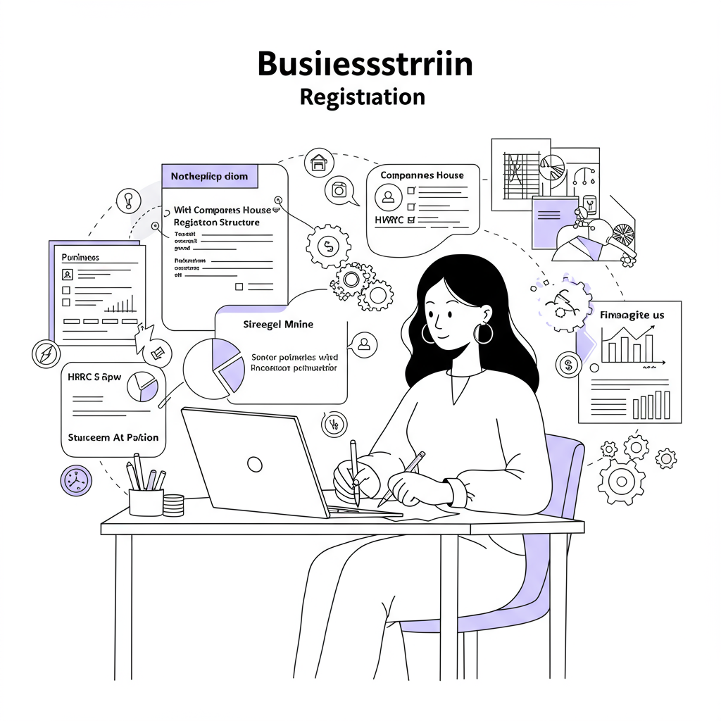 Chic line art: Confident female entrepreneur registering her business in the UK, pastel purple pen detail | Femmeprenista
