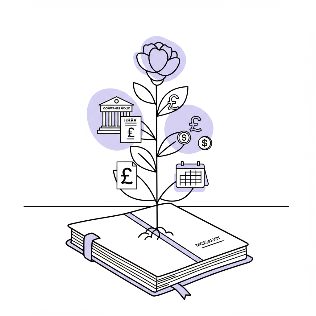 Chic black and white line art: plant with business icons growing from open notebook, pastel purple flower, symbolizes UK business success | Femmeprenista