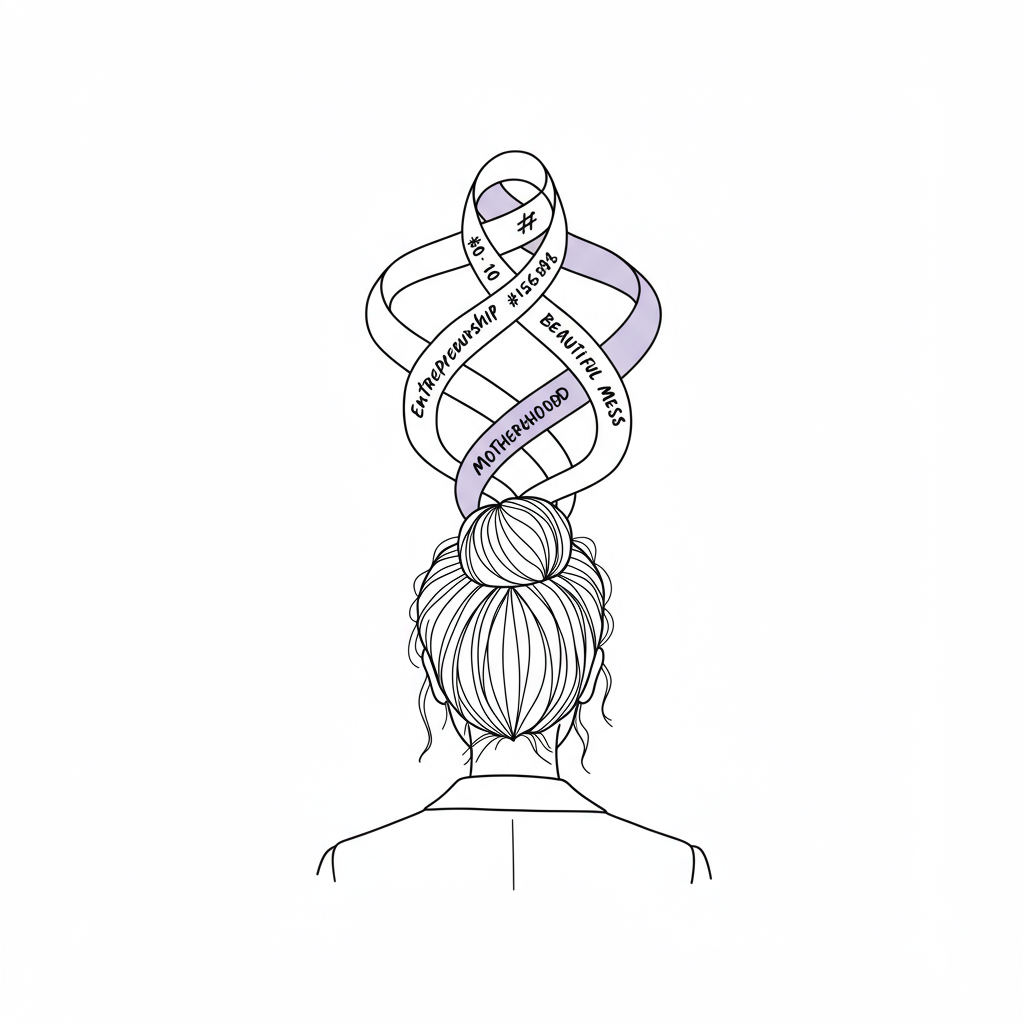 Line art: Woman viewed from behind in blazer, messy bun, with ribbons representing entrepreneurship, motherhood, and beautiful mess; pastel purple accent | Femmeprenista