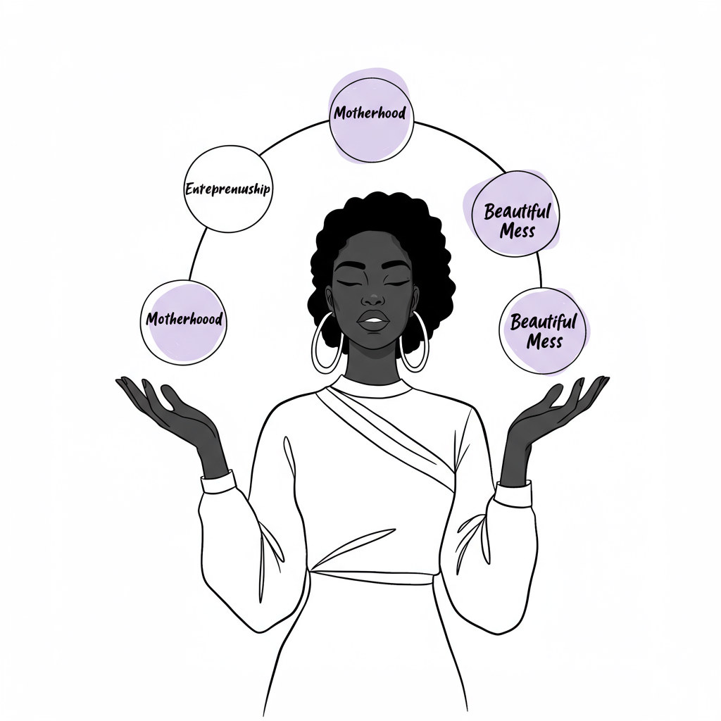 Modern line art: Black woman entrepreneur balancing motherhood and beautiful mess (pastel purple orb) with poised control | Femmeprenista