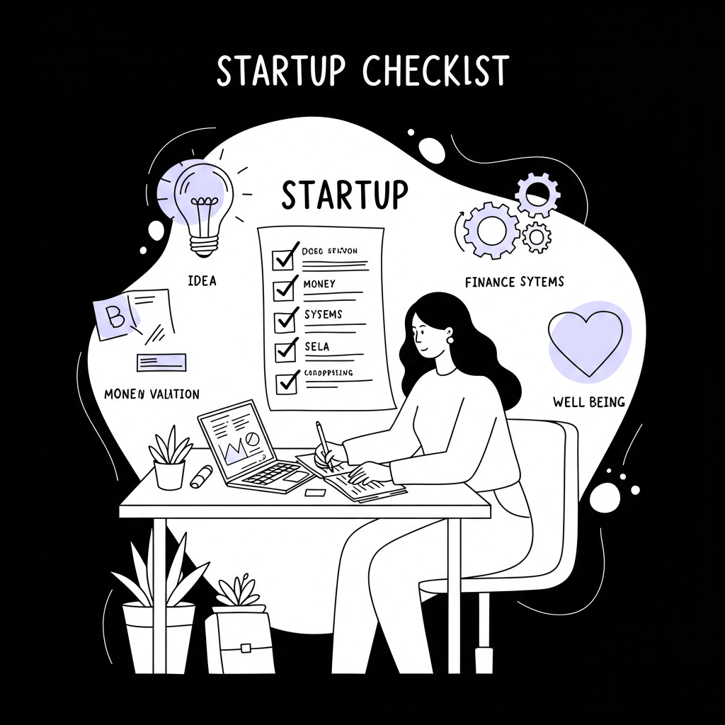 Line art: Latina entrepreneur at desk with startup checklist icons, pastel purple lightbulb. Modern, empowering style | Femmeprenista