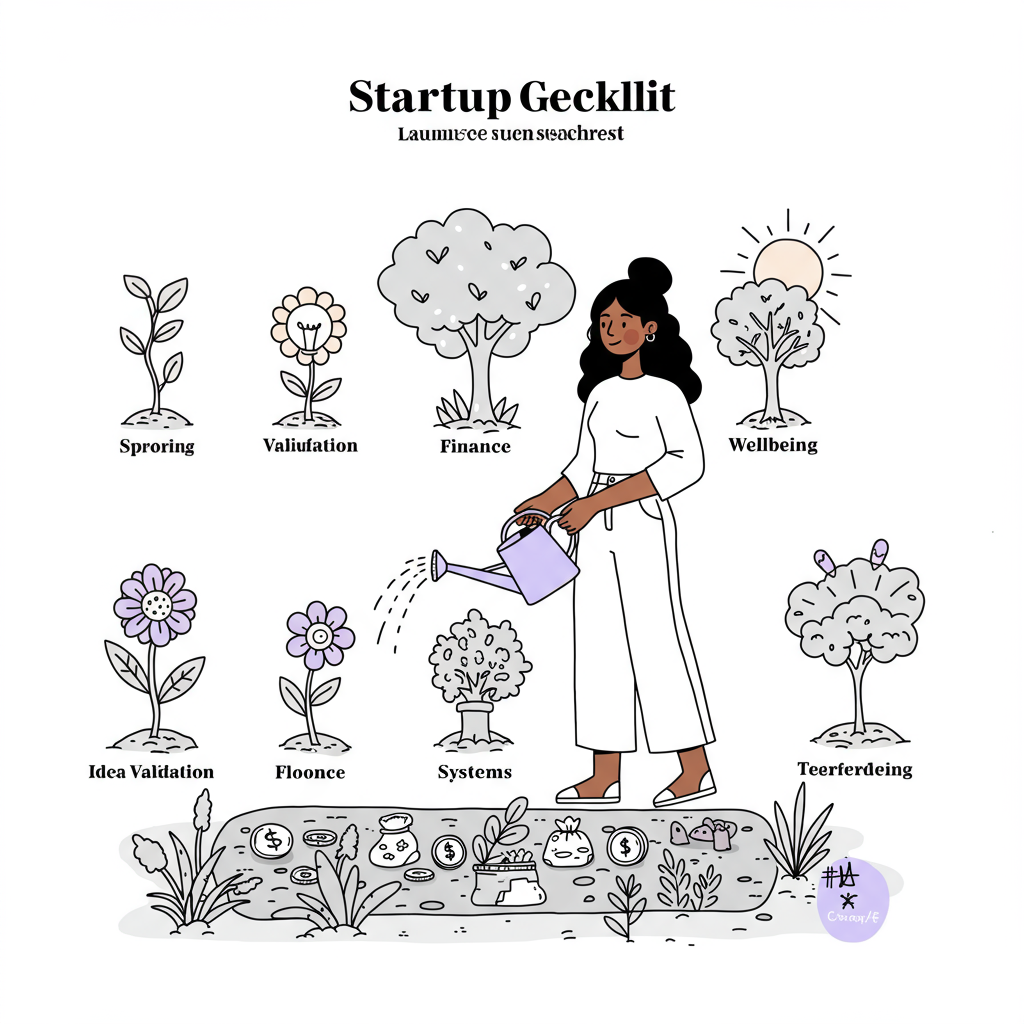 Modern line art: Latina mumpreneur nurturing her startup checklist garden; purple watering can accents idea validation | Femmeprenista