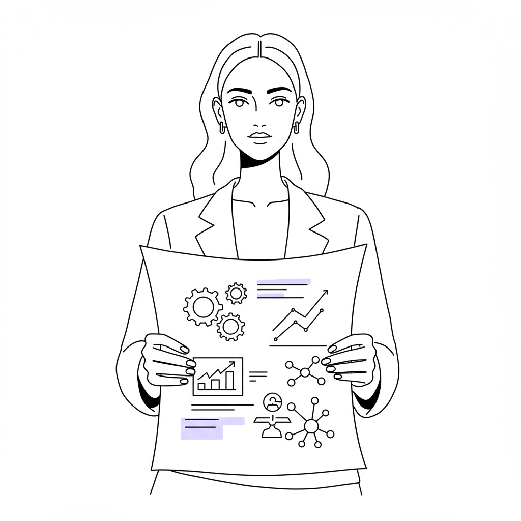 Chic line art: Female entrepreneur confidently holding a blueprint scroll symbolizing systems to scale coaching business in black and white with pastel purple accent | Femmeprenista