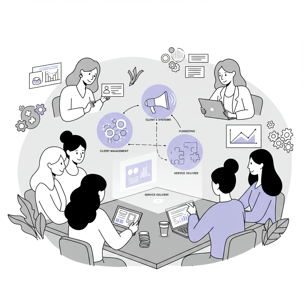 Line art: Diverse women entrepreneurs collaborating around a holographic projection of core business systems, pastel purple accents | Femmeprenista