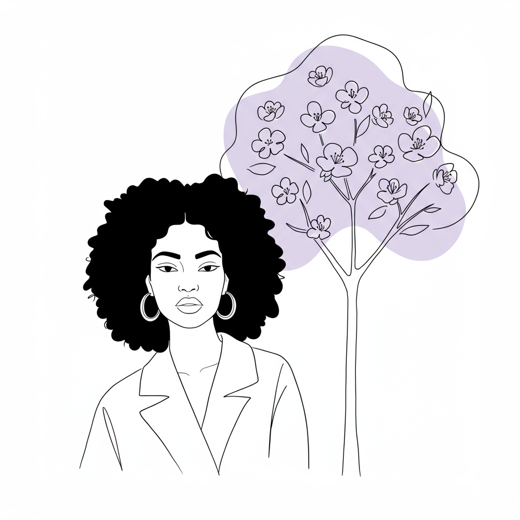 Female Entrepreneur Success Beyond Plan: Mums' Guide 2025 2 Line art: Black woman entrepreneur gazes at a pastel purple blossoming tree, representing growth; black and white illustration | Femmeprenista