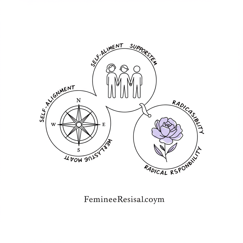 Female Entrepreneur Success Beyond Plan: Mums' Guide 2025 3 Modern line art: Interconnected circles symbolize female entrepreneur success - Self-Alignment, Support, Responsibility, with pastel purple flower | Femmeprenista