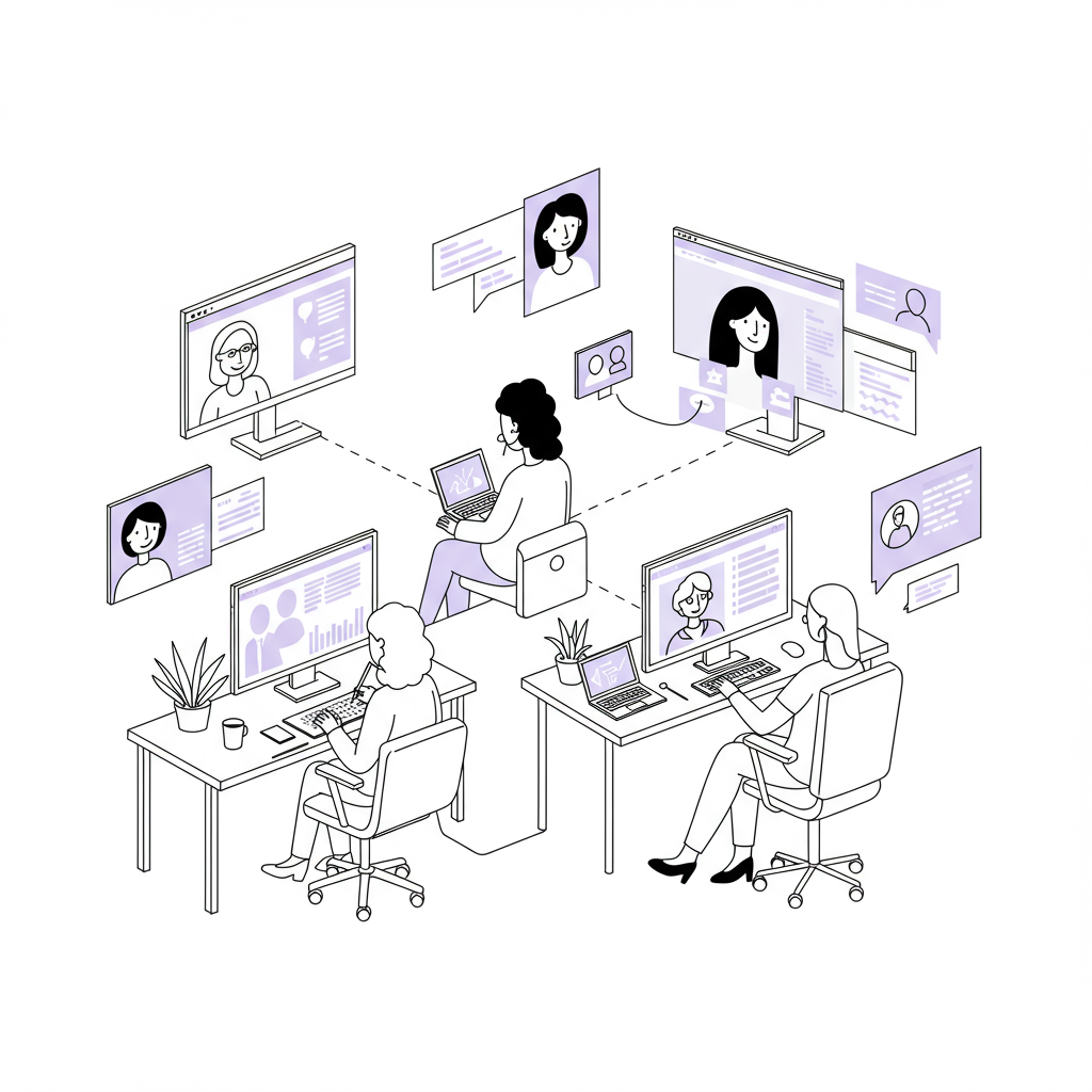 Chic black and white line art: Diverse female entrepreneurs using AI for authentic client connection, pastel purple avatar screens | Femmeprenista