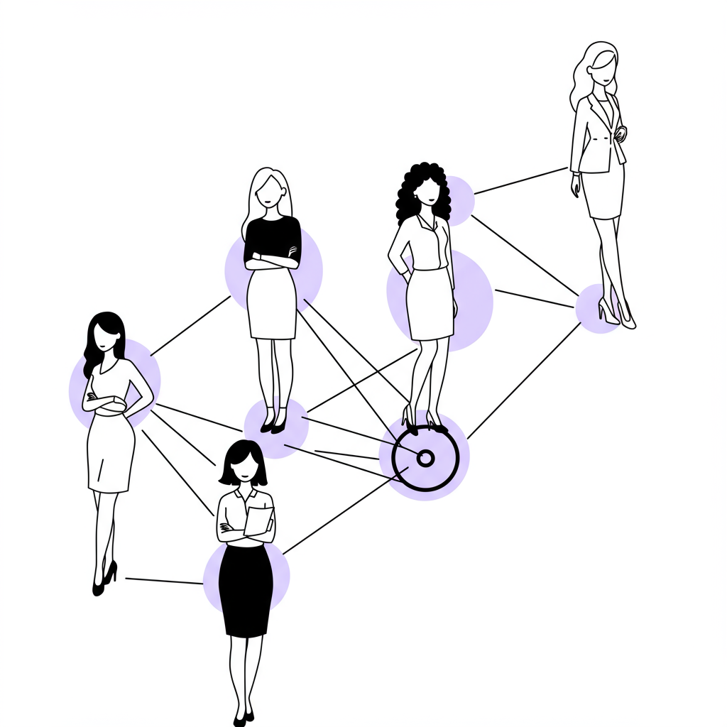 Chic line art of diverse female entrepreneurs connected by an AI-enhanced network; pastel purple accent on central node | Femmeprenista