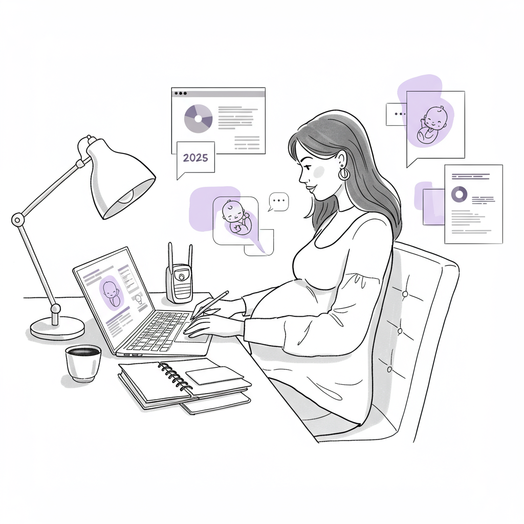 Chic line art: Pregnant entrepreneur working calmly at desk, baby monitor with pastel purple baby icon, planner and abstract 2025 goals | Femmeprenista