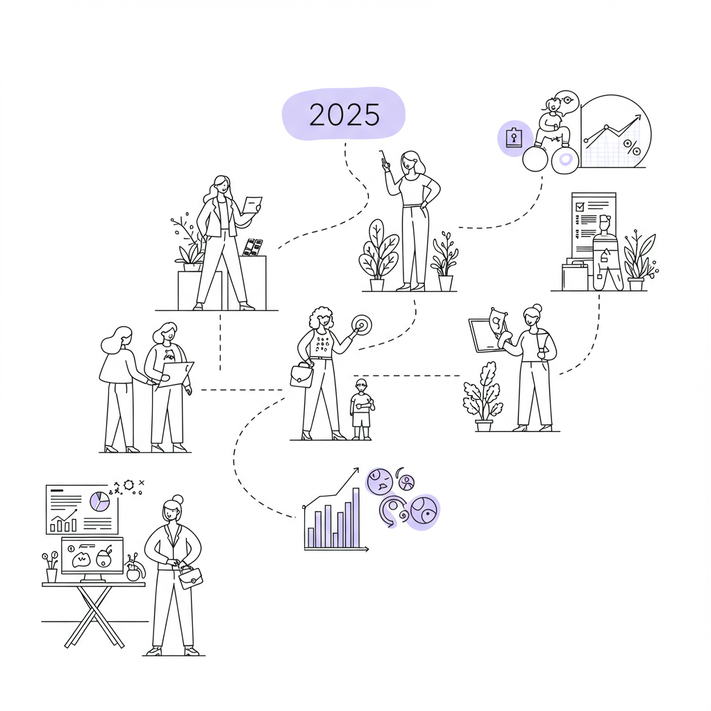 Line art of diverse mums on a path to 2025 business goals; black and white with pastel purple accent | Femmeprenista