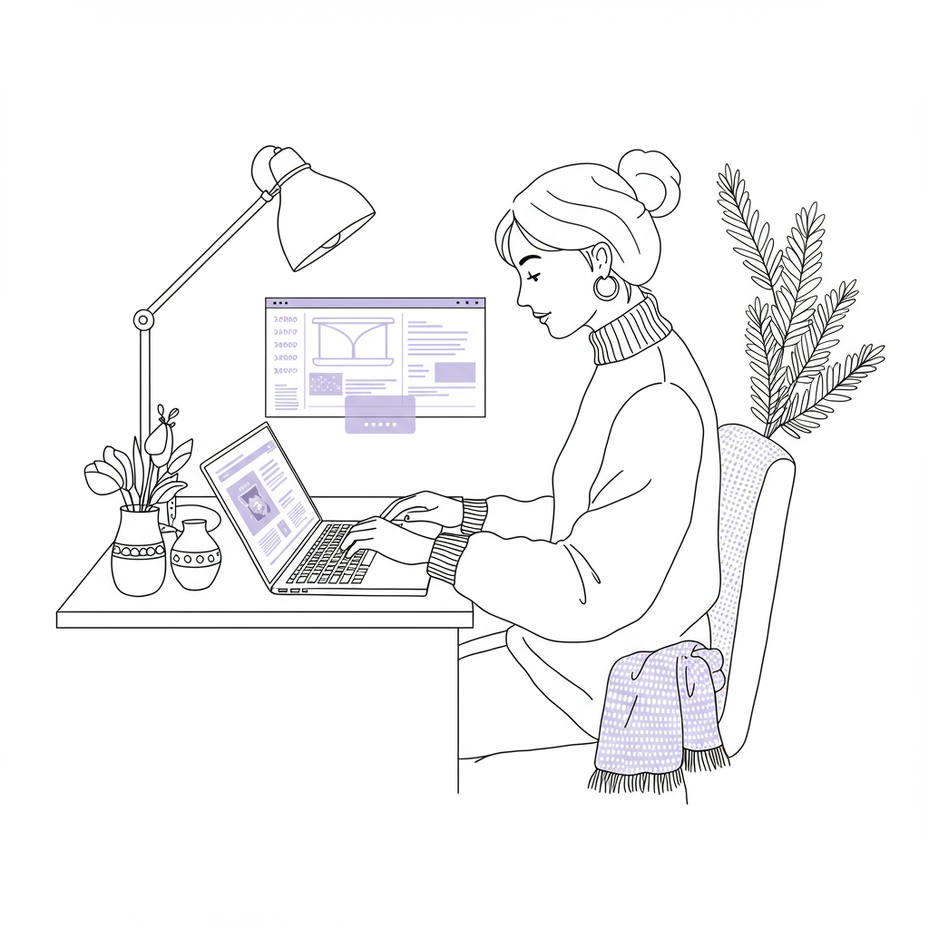 Title: E-commerce Platforms Artisan Mums: 2025's Best Guide 2 Modern line art: Artisan mumpreneur elegantly managing her e-commerce platform on a laptop; black, white, and pastel purple | Femmeprenista