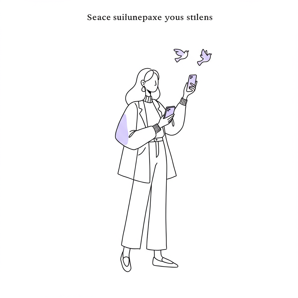 Authentic Client Attraction Coaching Mums: Simple Marketing 2 Modern line art: Coaching mum guides birds upwards while holding a pastel purple phone, symbolizing authentic connection and client attraction | Femmeprenista