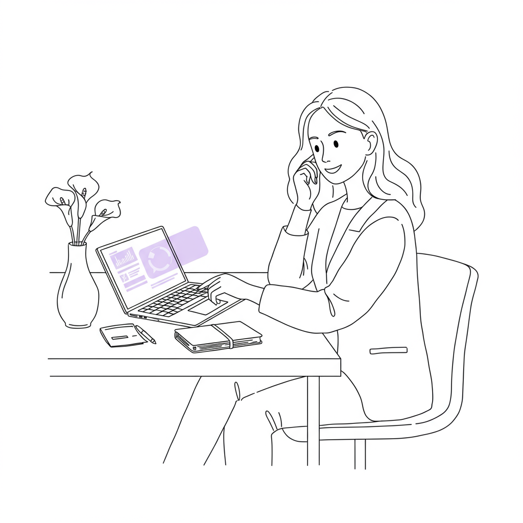 Authentic Client Attraction Coaching Mums: Simple Marketing 3 Line art: Coaching mum at minimalist desk shows authentic client attraction on pastel purple laptop screen | Femmeprenista