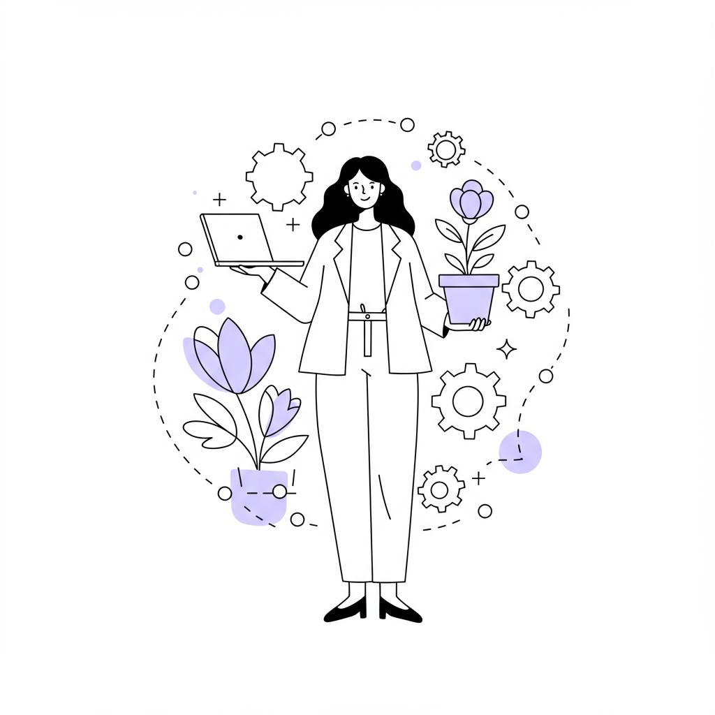 Systems to Scale Coaching Business: Mum-CEO's Essential Guide 2 Elegant line art: Mum-CEO balancing coaching business and work-life balance, with pastel purple flower | Femmeprenista
