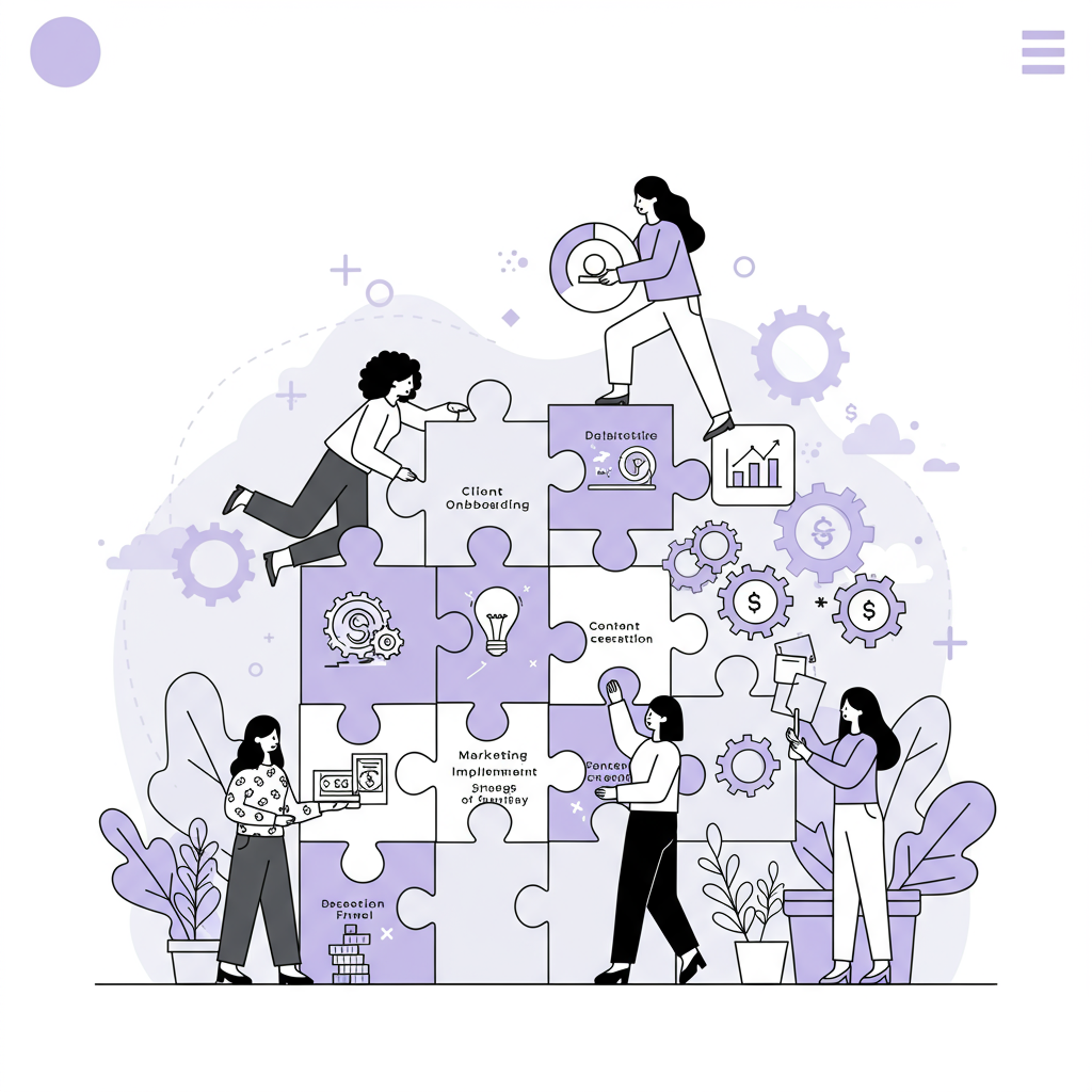 Systems to Scale Coaching Business: Mum-CEO's Essential Guide 3 Line art: Diverse Mum-CEOs collaboratively building scalable business systems from puzzle pieces; pastel purple keystone | Femmeprenista