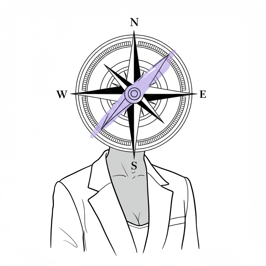 Black woman entrepreneur's head replaced by a pastel purple compass rose, chic line art symbolizing strategic direction | Femmeprenista