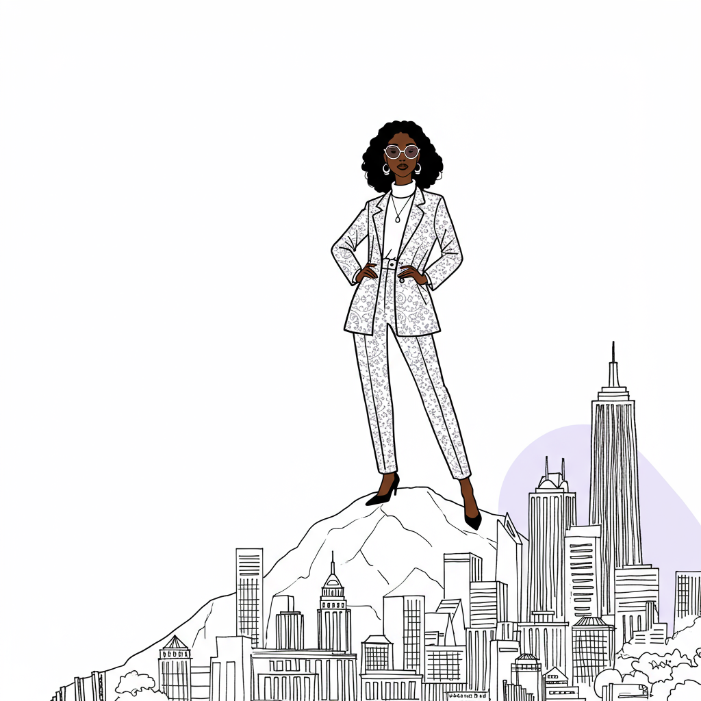 Chic line art: Black/Asian woman entrepreneur atop a summit overlooking her city empire, pastel purple sunglasses | Femmeprenista