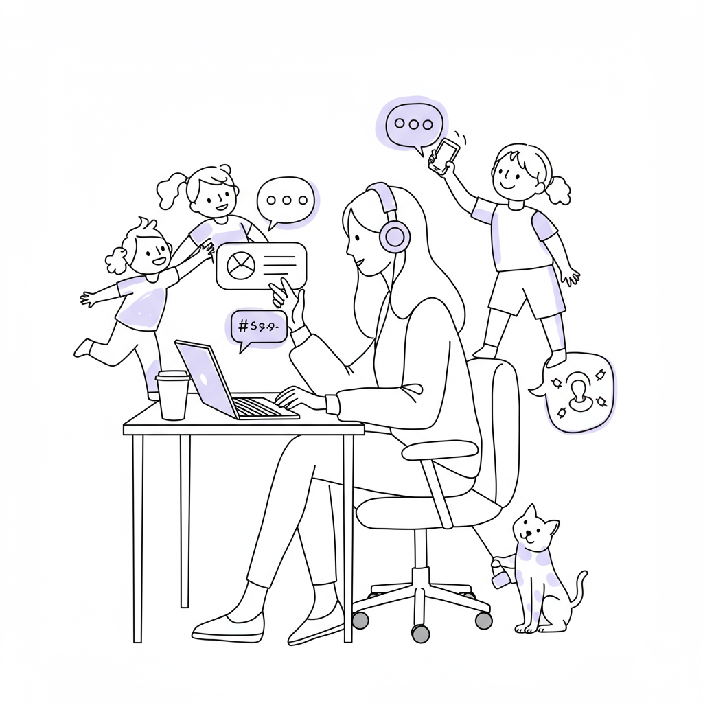 Chic line art: working-from-home mum amidst playful interruptions; pastel purple headphones show focus | Femmeprenista