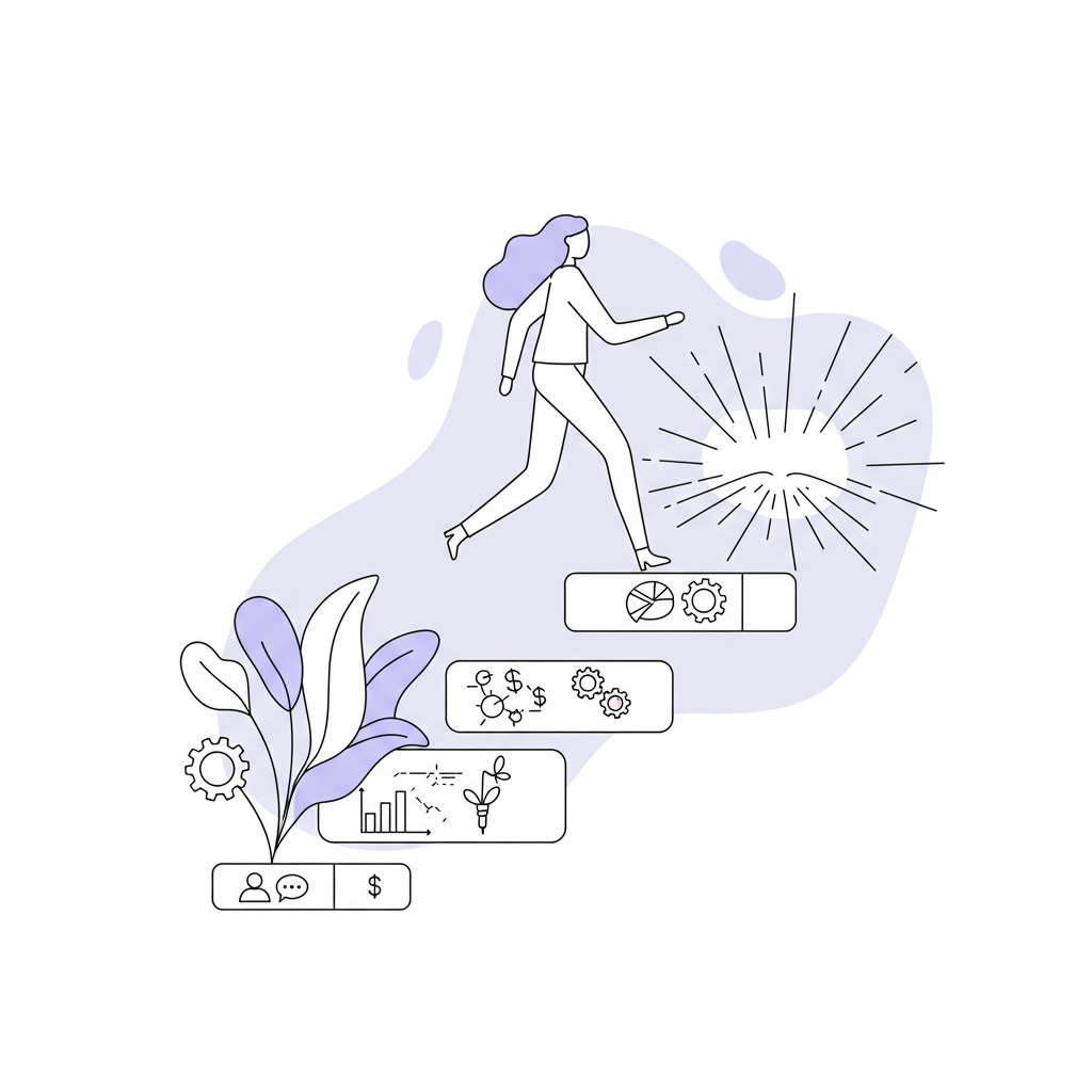 Decoding Business Buzzwords for Femmeprenistas: A Glossary for Success 2 Chic line art: Femmeprenista confidently stepping towards success; pastel purple accent. Modern and empowering | Femmeprenista