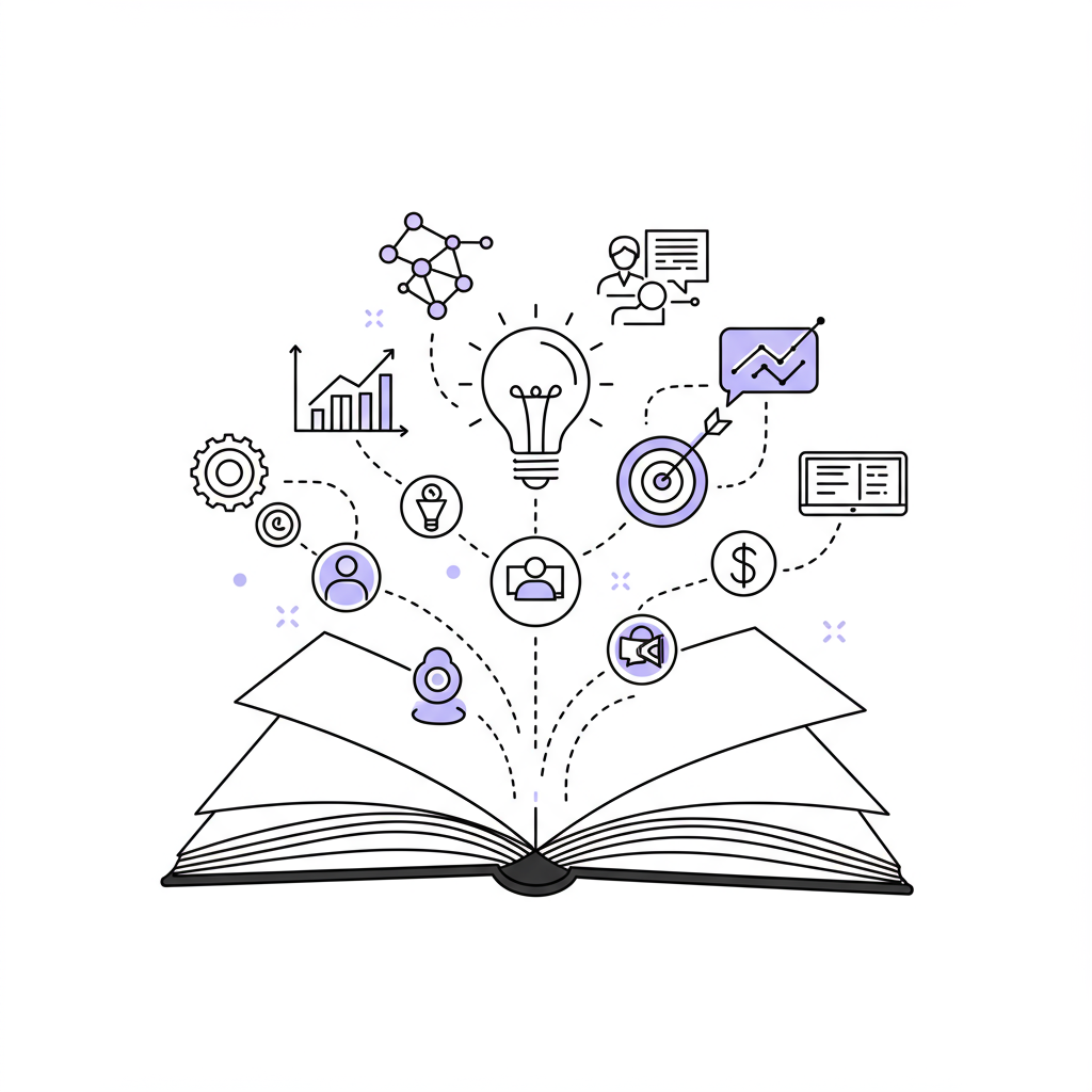 Decoding Business Buzzwords for Femmeprenistas: A Glossary for Success 3 Chic line art: Open glossary book with business icons spiraling upwards, lightbulb in pastel purple, symbolizing understanding | Femmeprenista