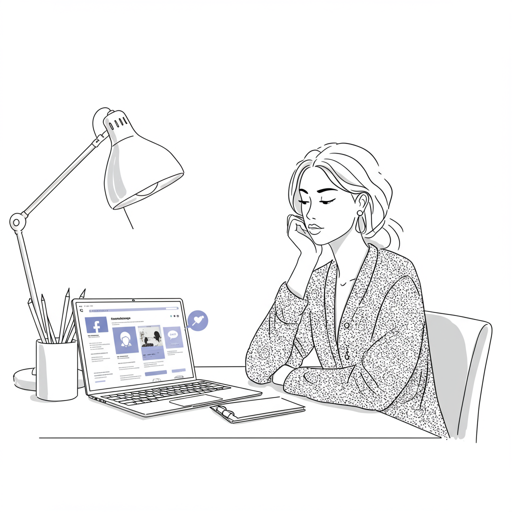 Modern line art: Stylish mum entrepreneur with calm focus using Facebook Business Page on laptop; purple community icon | Femmeprenista