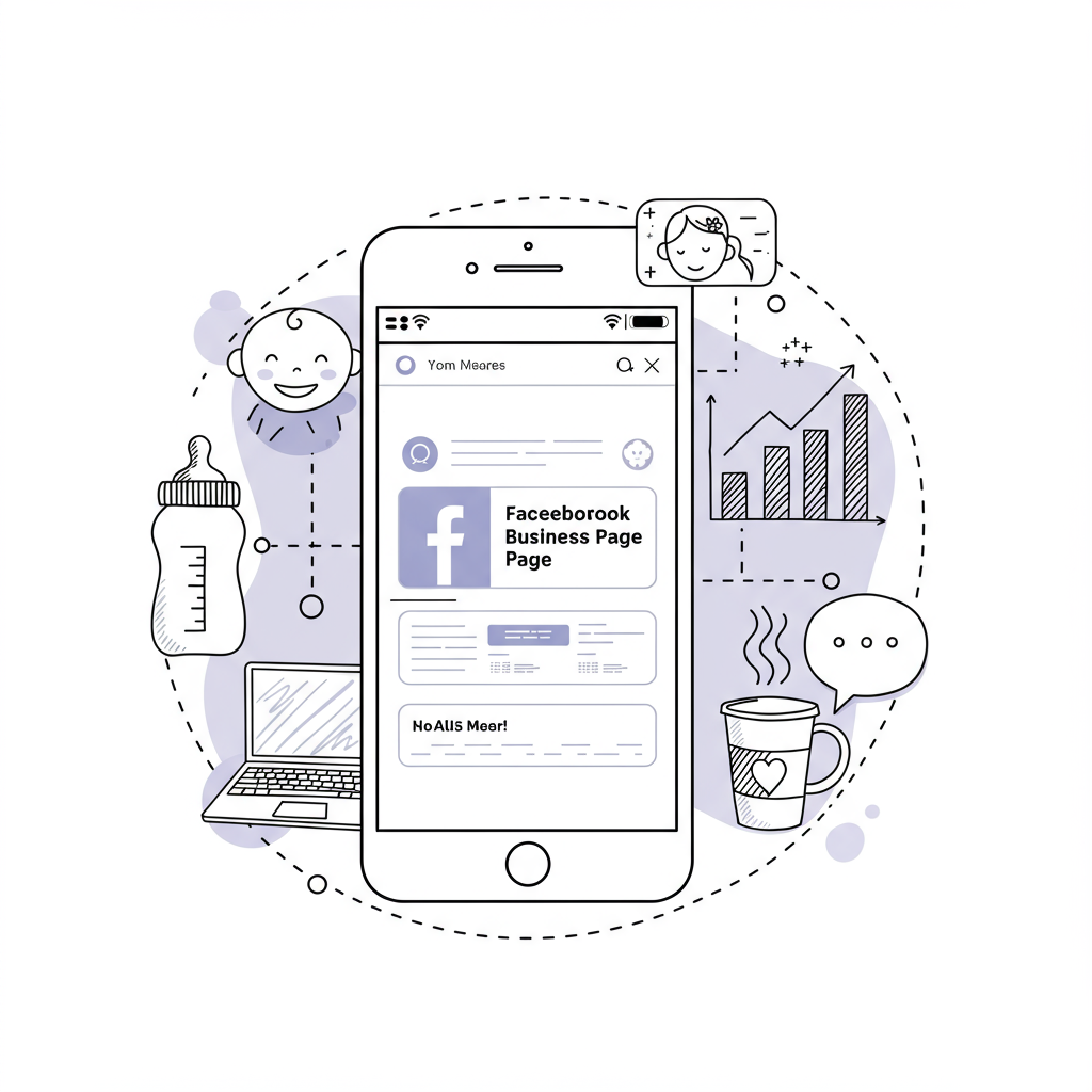 Line art: Facebook business page on phone surrounded by icons of mum entrepreneur life; upward graph highlighted in pastel purple | Femmeprenista