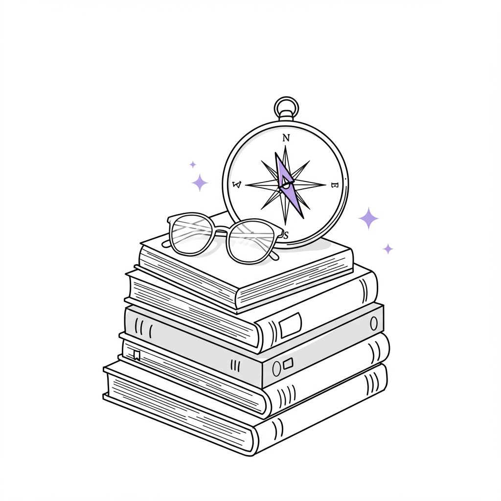 Essential Leadership Books Female Entrepreneurs Need in 2025 3 Modern line art: Leadership books stack with compass showing direction, glasses on top; black, white, purple accent | Femmeprenista