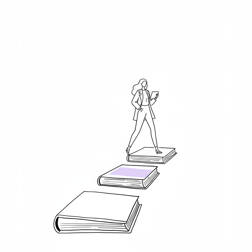 Essential Leadership Books Female Entrepreneurs Need in 2025 2 Modern line art: a stylish female entrepreneur confidently steps forward on a path of leadership books, pastel purple spine | Femmeprenista
