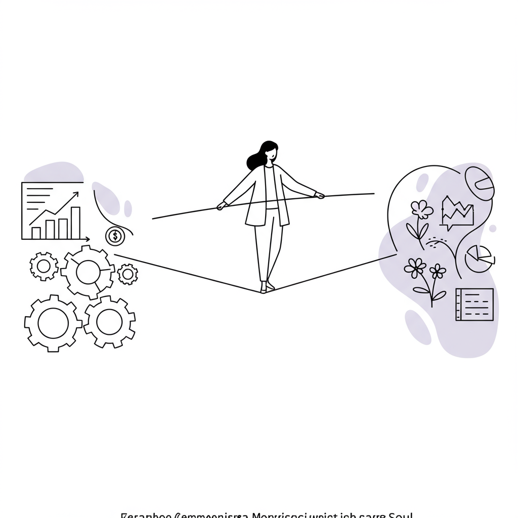 Chic line art: Femmeprenista balancing business growth and wellbeing on a tightrope; pastel purple flower detail | Femmeprenista