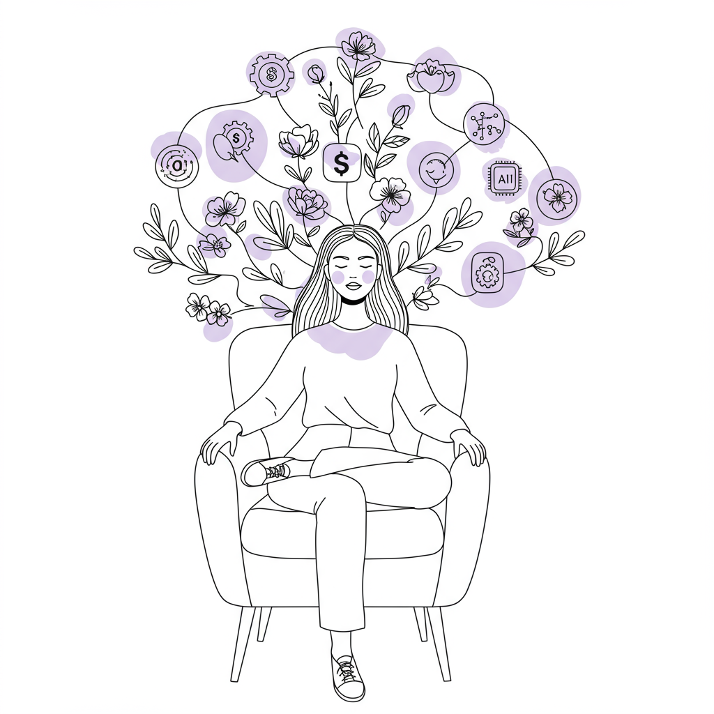 Line art: Femmeprenista in serene thought, business systems & flowers intertwining, pastel purple accents symbolize growth | Femmeprenista
