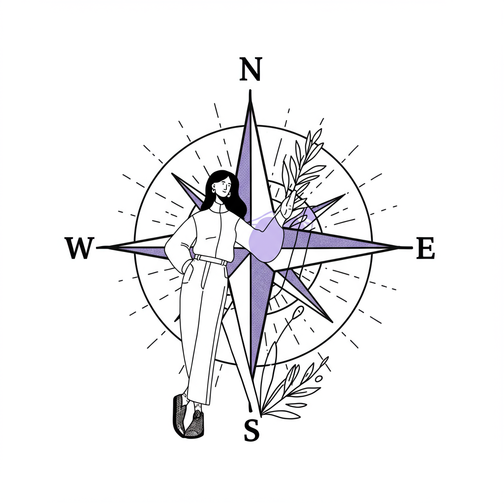 Chic line art: Female entrepreneur confidently navigates her authentic online business using a stylish compass rose; purple compass accent | Femmeprenista