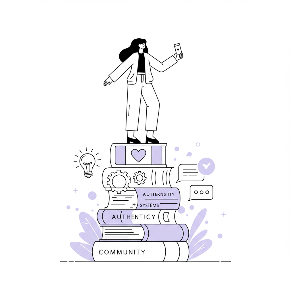 Chic line art: woman entrepreneur balancing online business books, pastel purple heart highlights authenticity | Femmeprenista