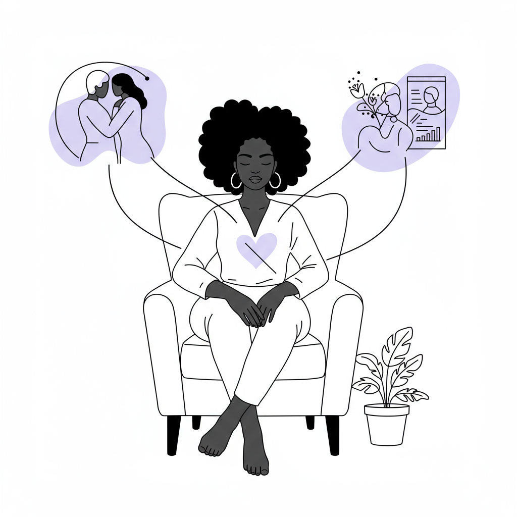 Intimacy and Entrepreneurial Success: Unlock Your Business Flow 2 Line art: Black woman in serene contemplation, connected to love, growth, and business, with pastel purple highlight | Femmeprenista
