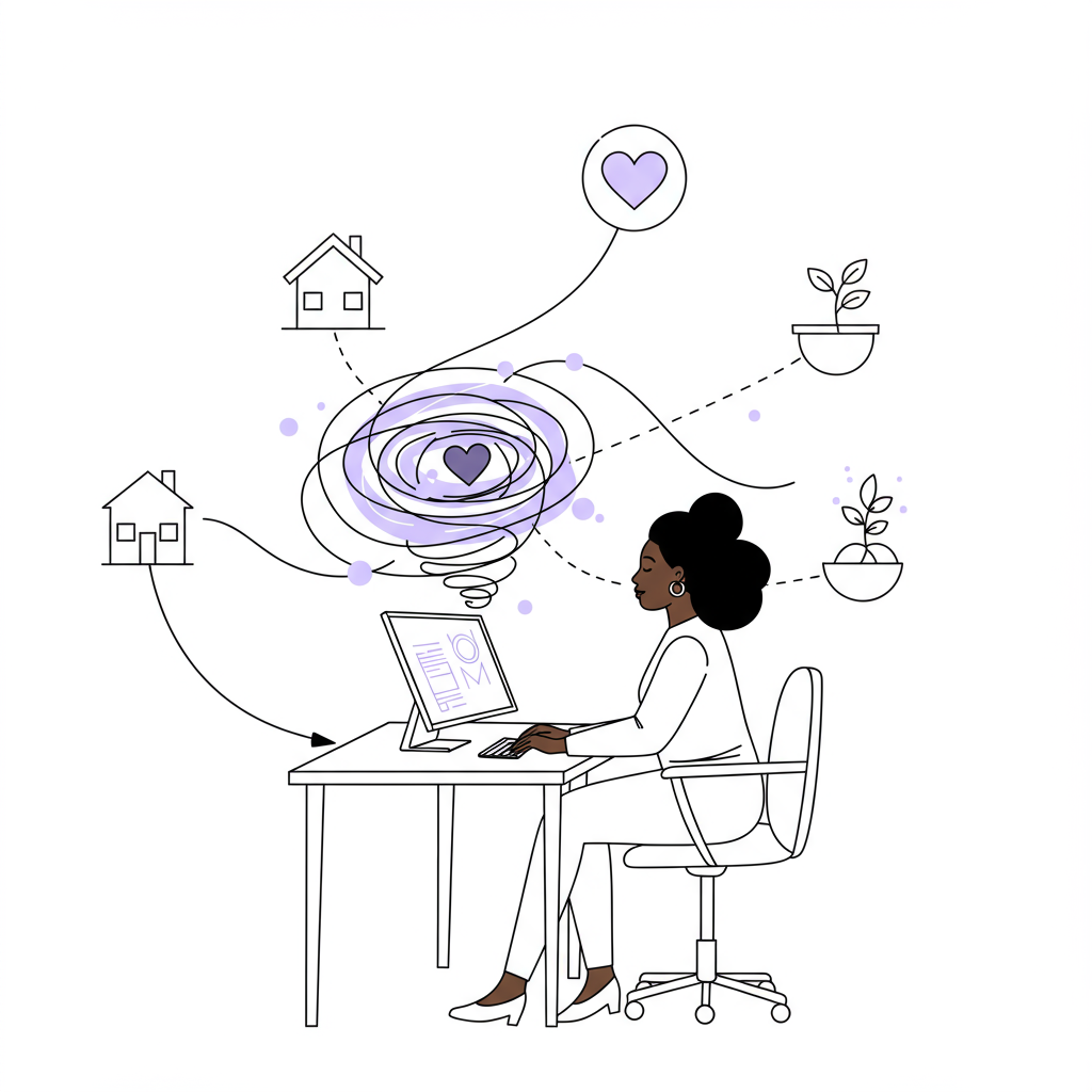 Intimacy and Entrepreneurial Success: Unlock Your Business Flow 3 Black woman entrepreneur channeling business flow from the heart in line art; pastel purple vortex connects home, love, growth | Femmeprenista