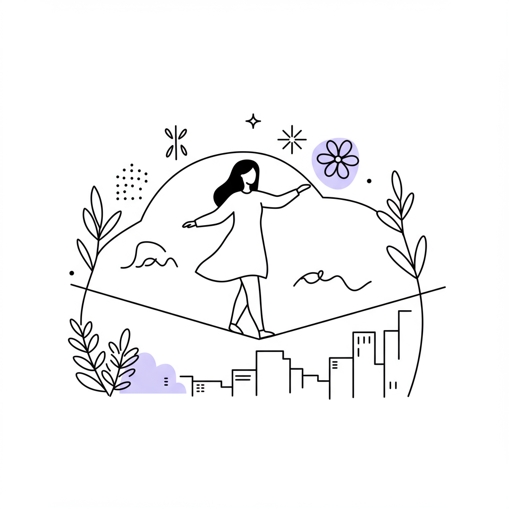 Ready to Scale? Signs You're Ready for Business Growth 3 Elegant line art: Female entrepreneur on a growth path, balancing towards her goals; pastel purple star accent | Femmeprenista