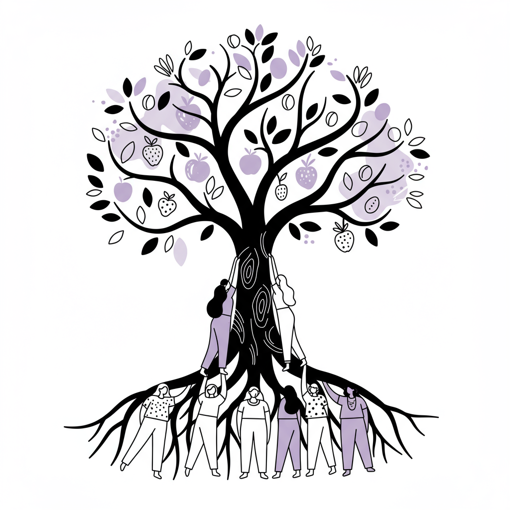 Modern line art: thriving tree supported by diverse women, pastel purple fruit symbolizes growth; community is key | Femmeprenista